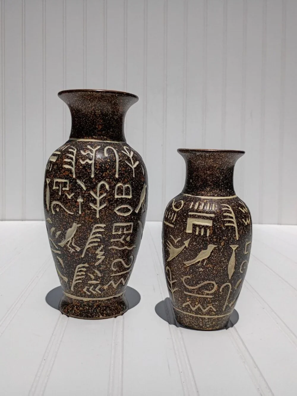 Vintage Pair Chinese Ceramic Hieroglyphic Vases Brown Speckled Boho Decor MCM